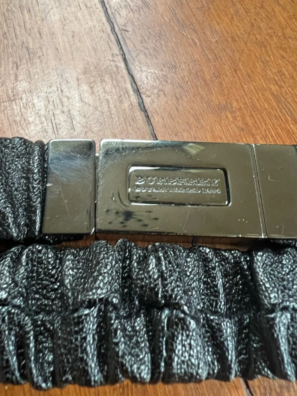 Vintage Burberry Black Gathered Leather Belt with Gunmetal Plaque Buckle